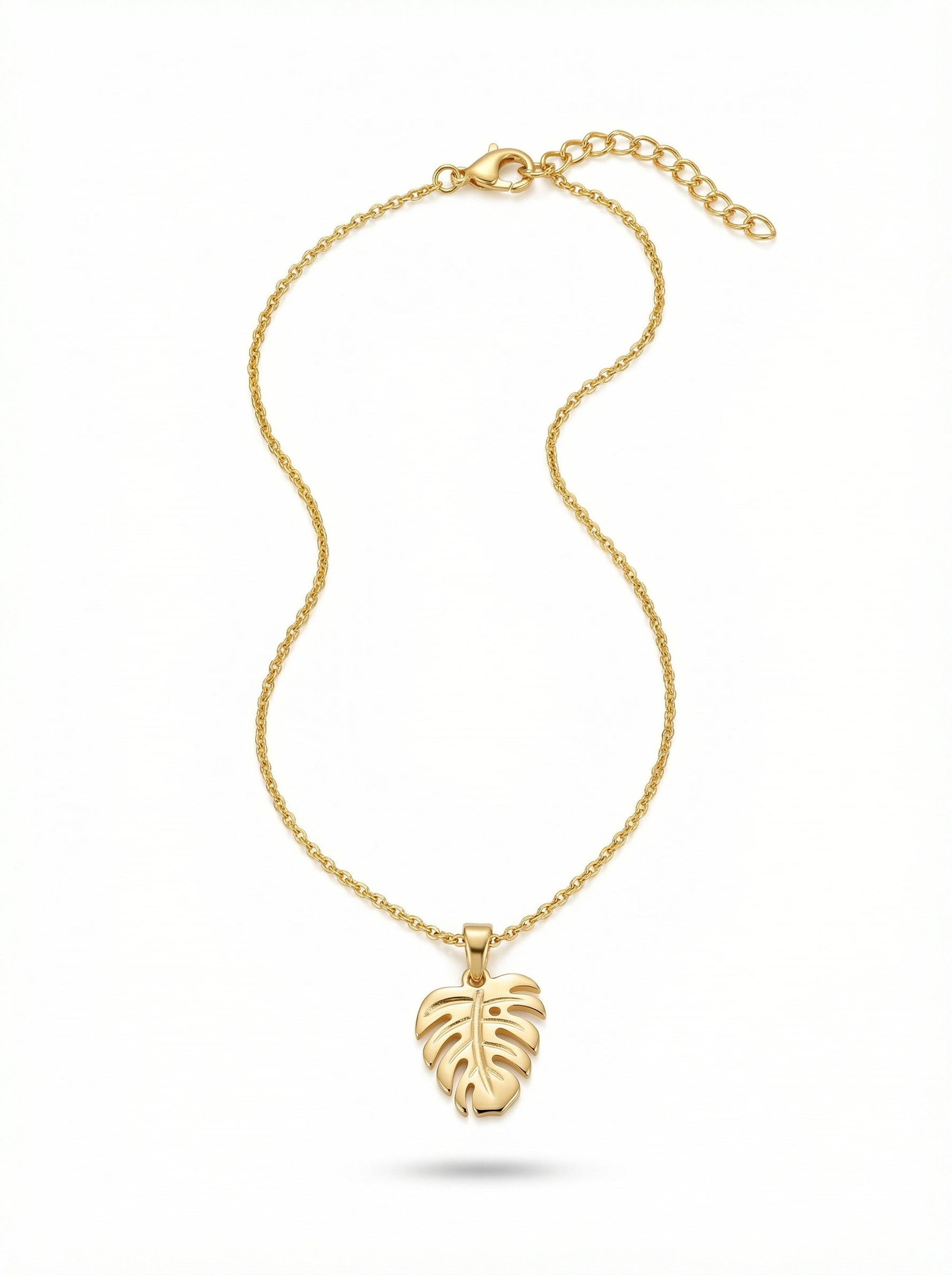 18k Gold plated necklace with a leaf pendant on a white background
