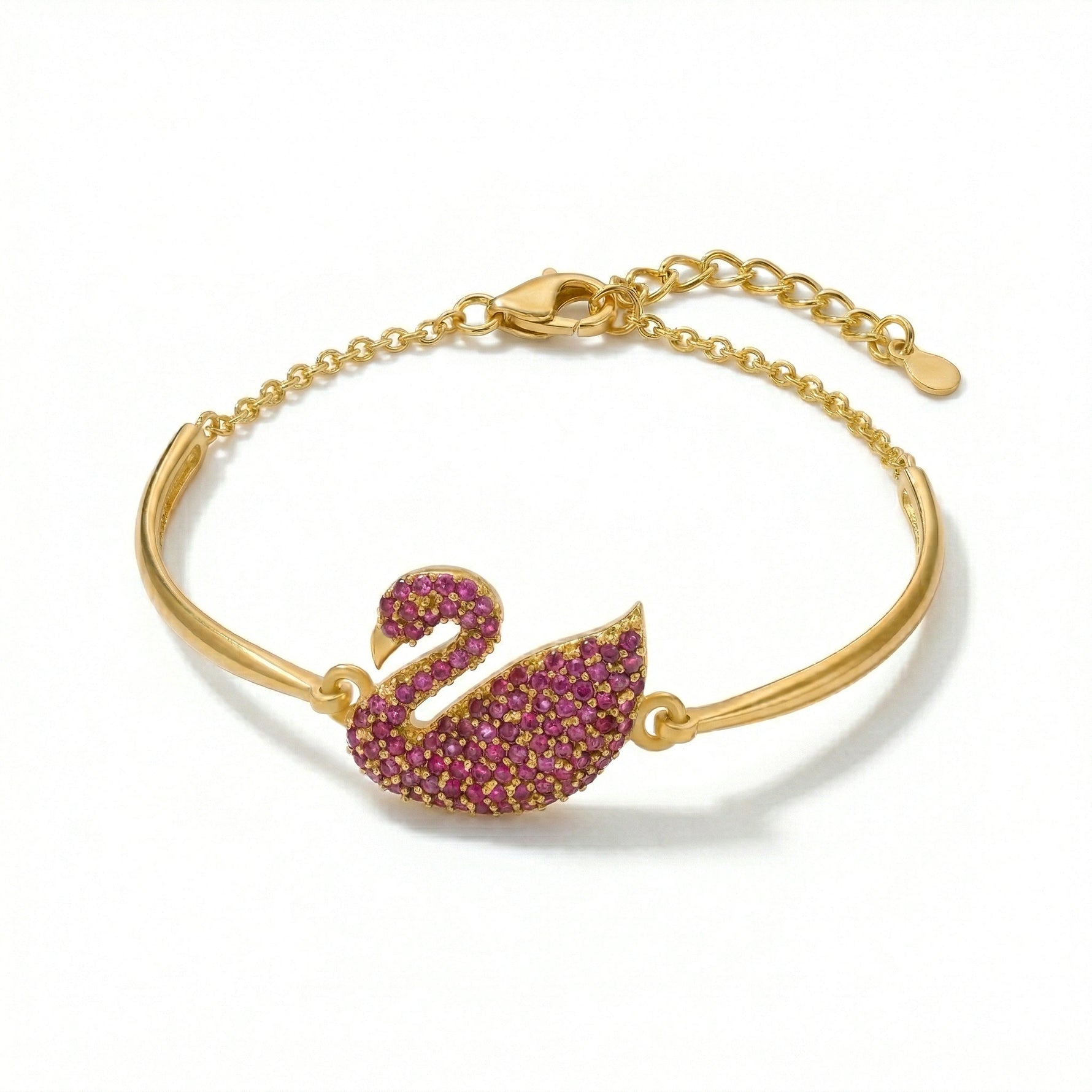 18k Gold  plated bracelet with a pink swan charm on a white background