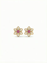 18k Gold plated flower-shaped earrings with pink gemstones on a white background