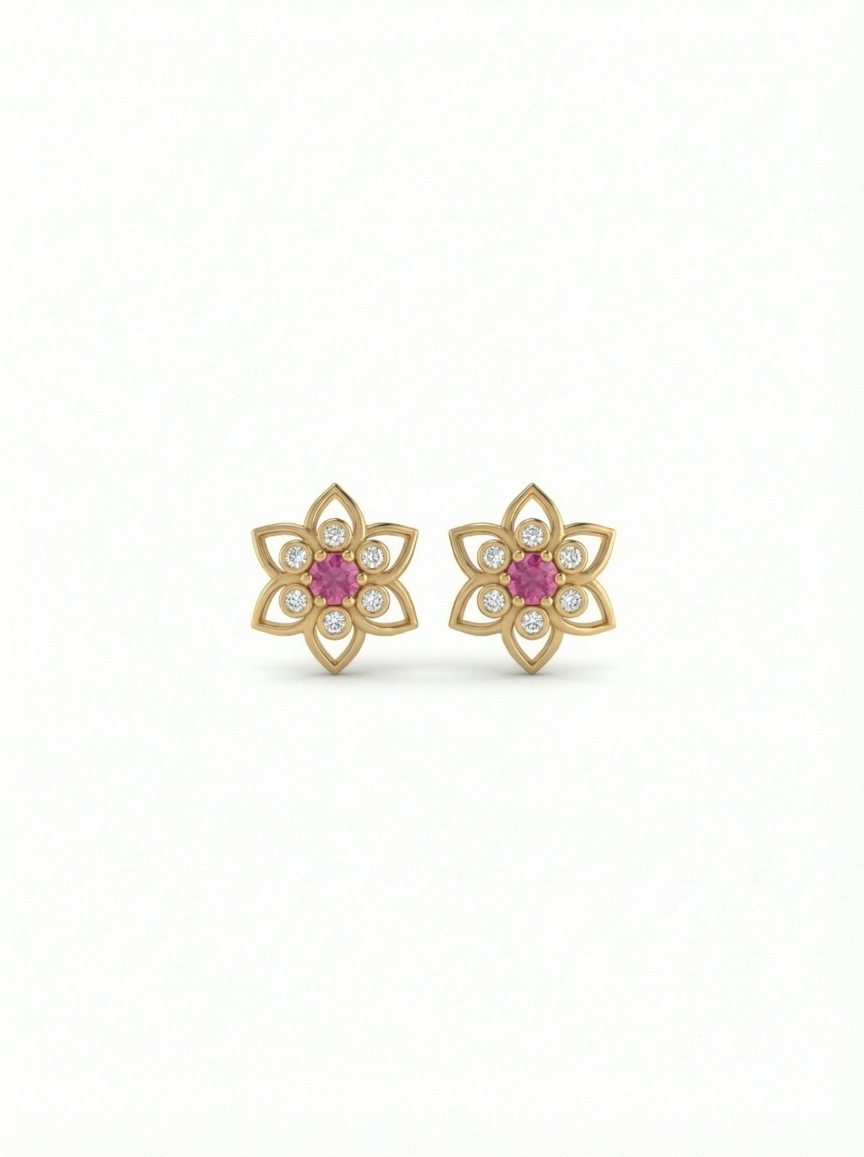 18k Gold plated flower-shaped earrings with pink gemstones on a white background