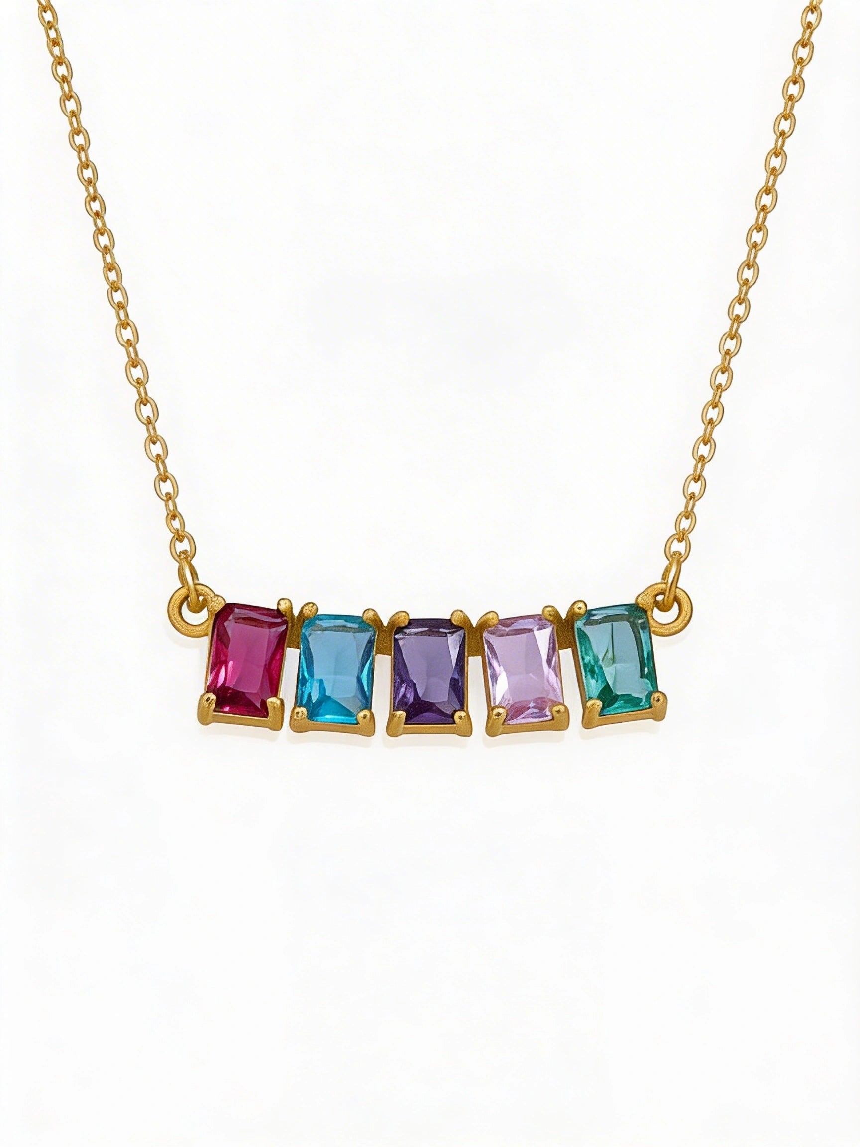 Necklace 18k gold plated  with multicolored gemstones on a white background
