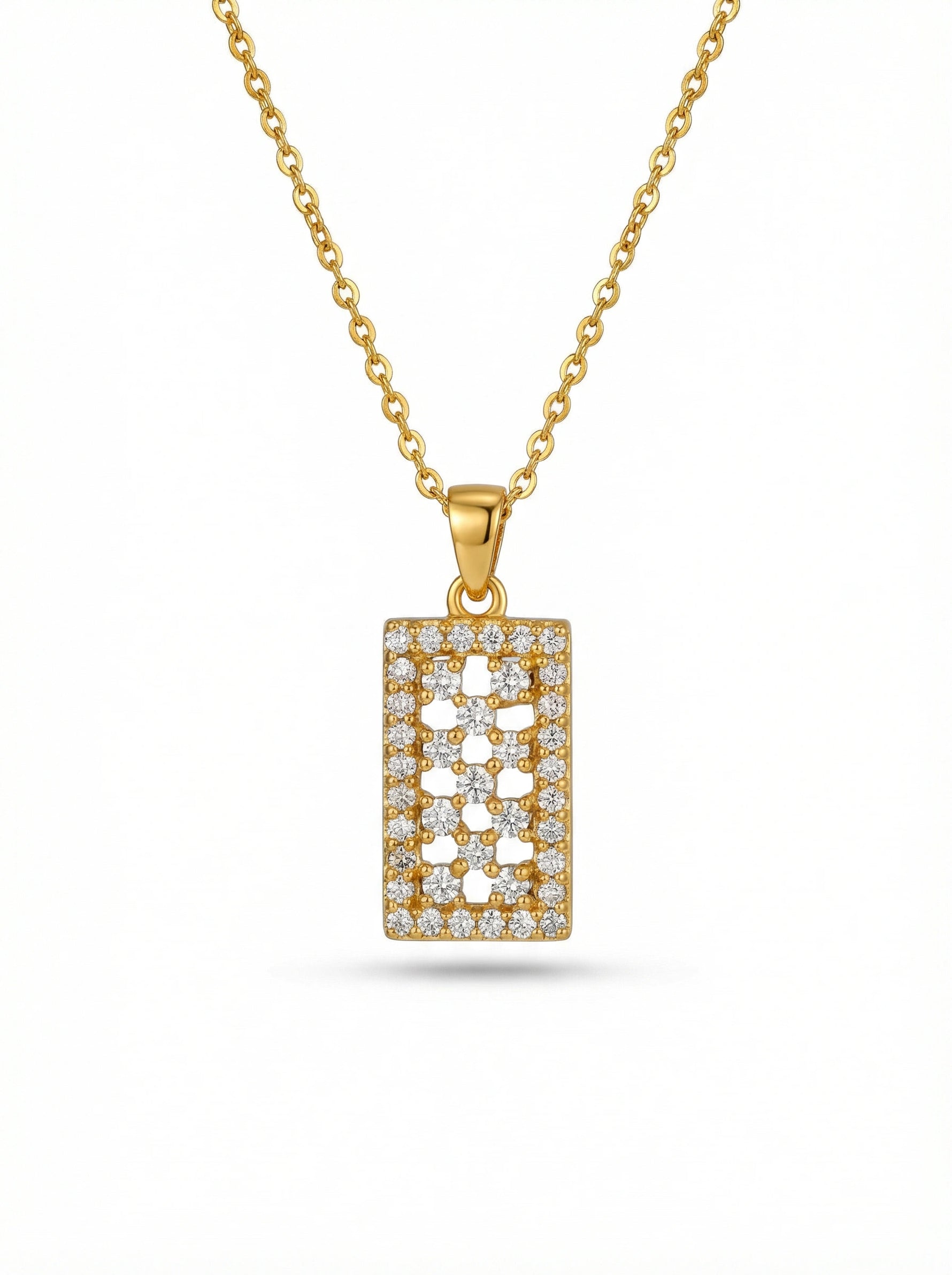 18k Gold plated pendant necklace with diamond accents on a white background