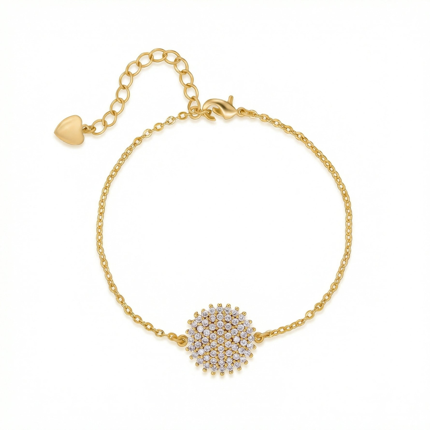18k Gold plated bracelet with a heart charm and diamond-studded flower clasp on a white background