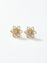 18k Gold plated  flower-shaped earrings with clear stones on a white background