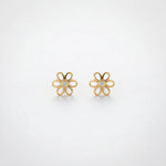 18k Gold plated flower-shaped earrings on a light gray background