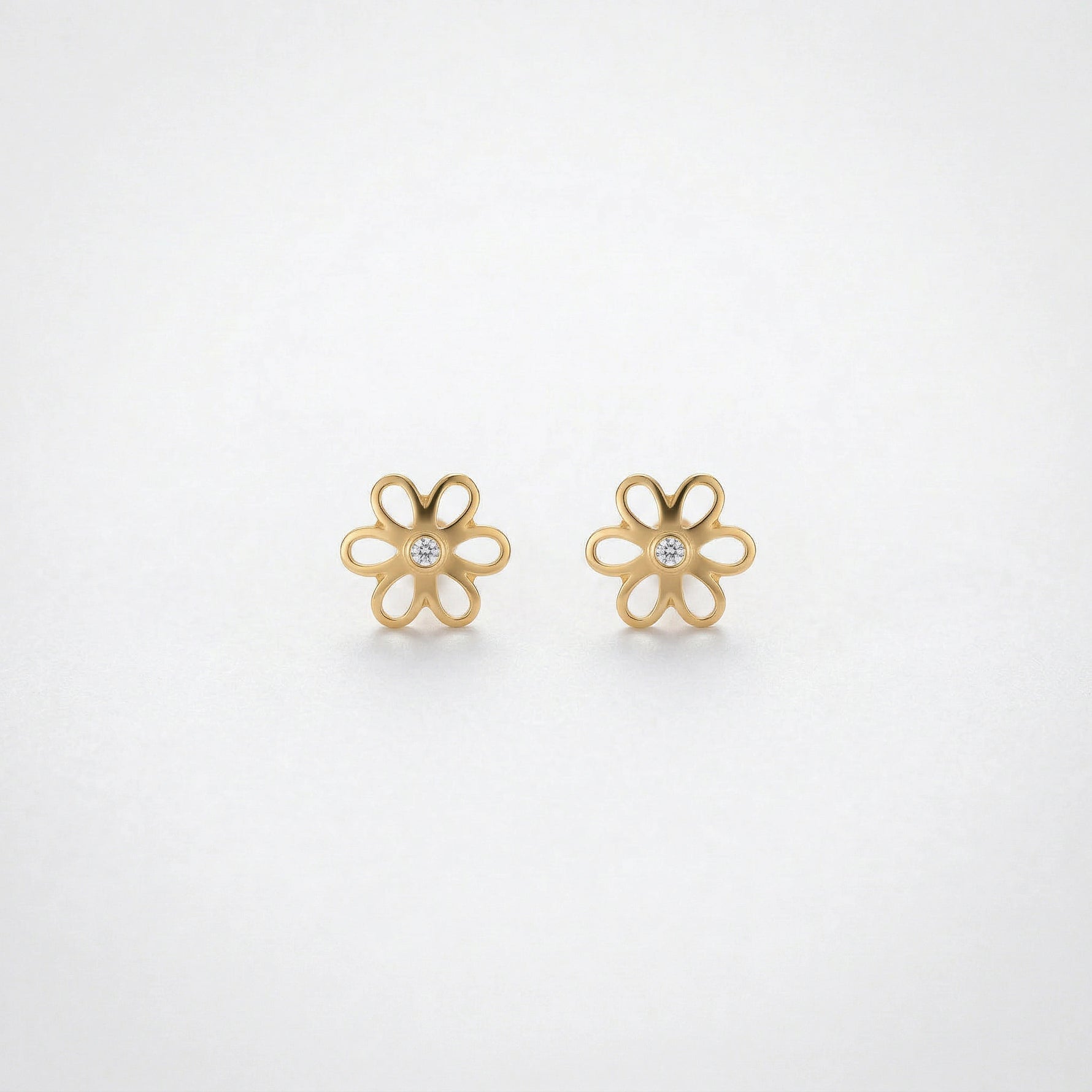 18k Gold plated flower-shaped earrings on a light gray background